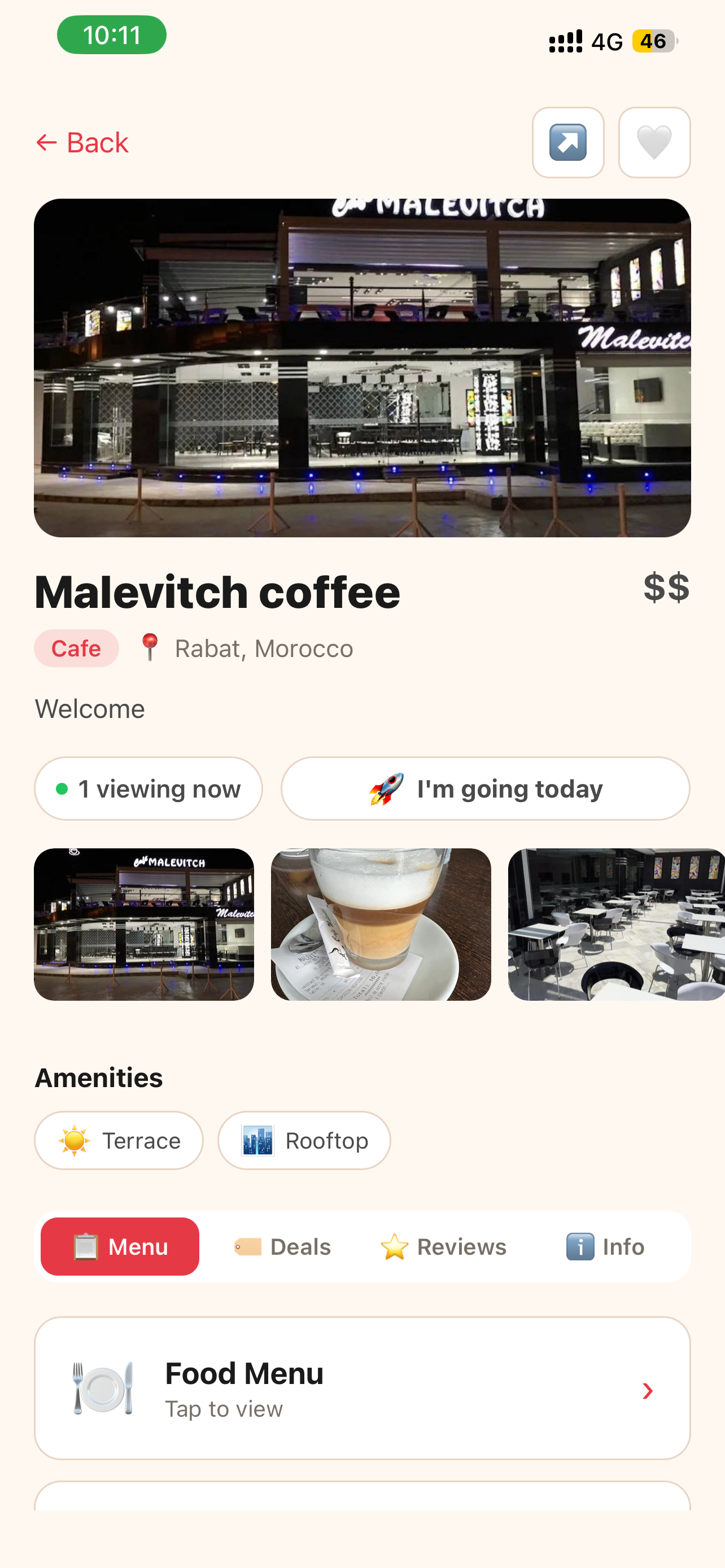 Tablio venue detail — menu, prices, amenities